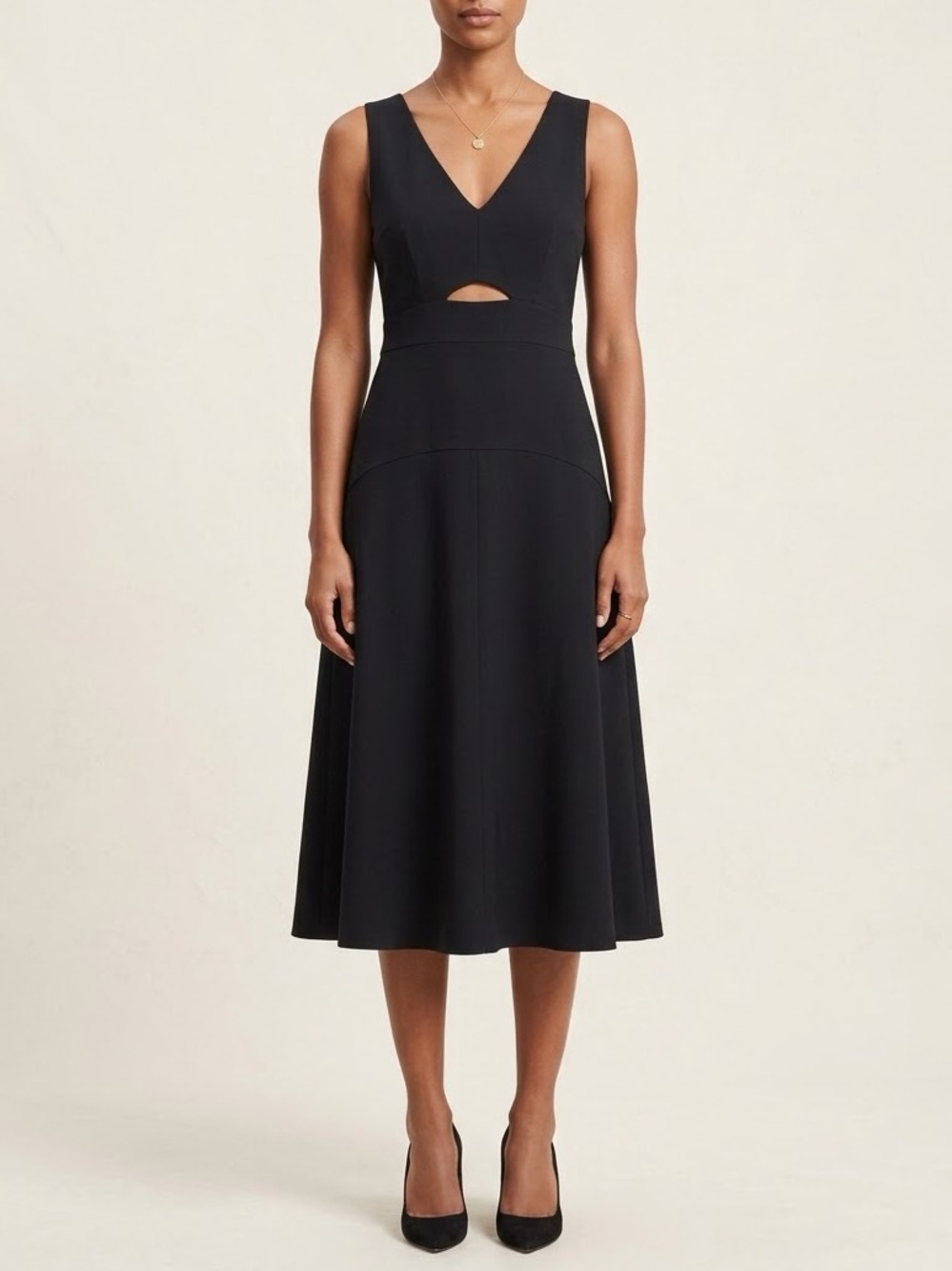 THEORY SL Cutout Midi Dress in Crisp Poly Black Size 12 V-Neck Sleeveless A-Line